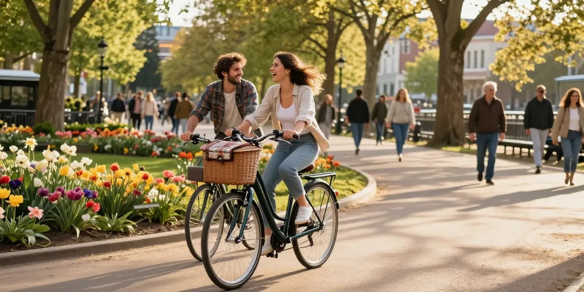 Doppio Fiets e-bike offers a joyful couple a scenic ride through a beautiful city park.
