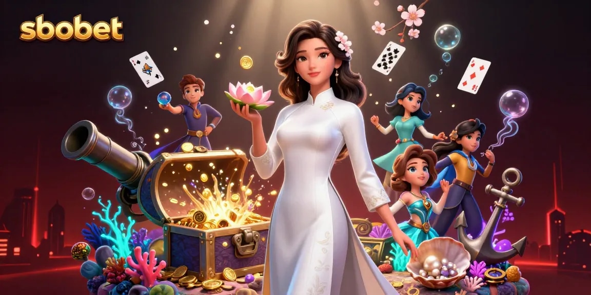 SboBet sports betting scene featuring an elegant Asian woman surrounded by casino elements like cards and treasure.