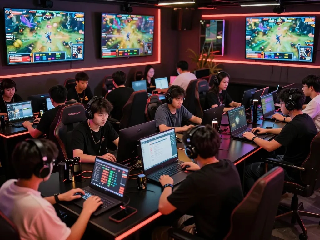Engaged gamers celebrating esports betting singapore on cutting-edge screens with live match odds