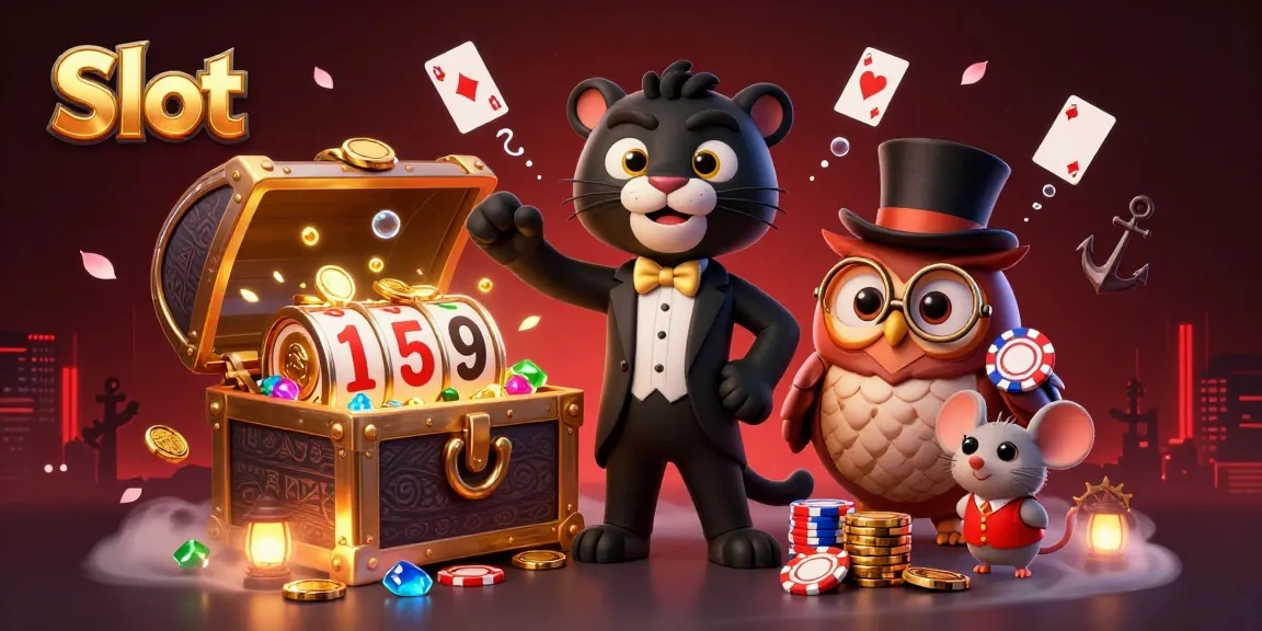 Menangkan Slot dengan panther stylish dan karakter menarik dalam ilustrasi kasino yang meriah.