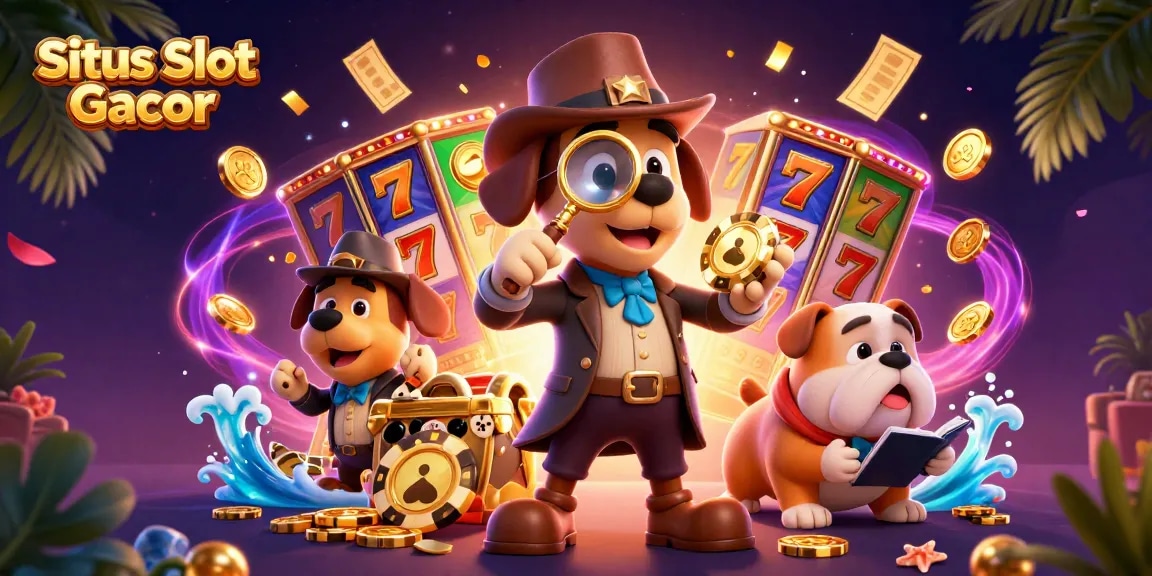 Situs Slot Gacor menampilkan anjing detektif berburu petunjuk chip poker emas dalam suasana permainan slot yang penuh warna dan menarik.