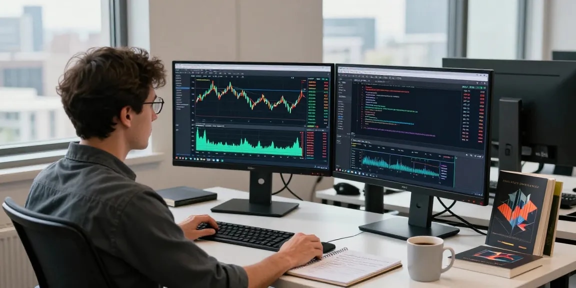 Professional trader using MetaTrader 5 with dual monitors in a bright workspace.