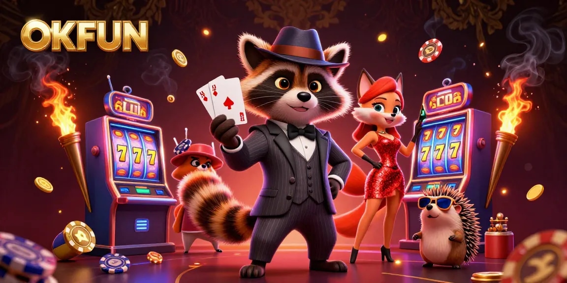 Spin the reels with OKFUN at a vibrant casino scene featuring a suave raccoon and charming fox.