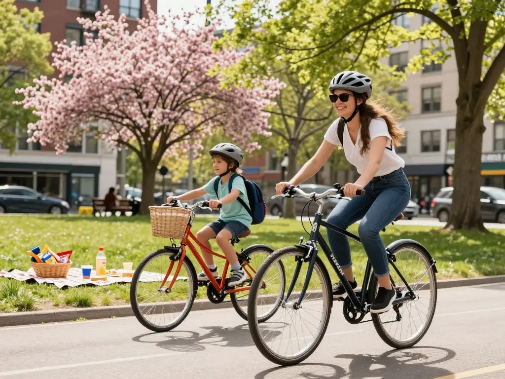 Riders enjoying the Doppio Bike 2x together in a sunny city park, showcasing fun and versatility.