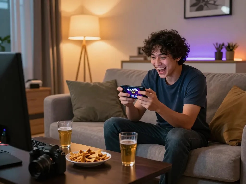 Player enjoying rik vip mobile casino experience on cozy sofa, engaging with live dealer games.