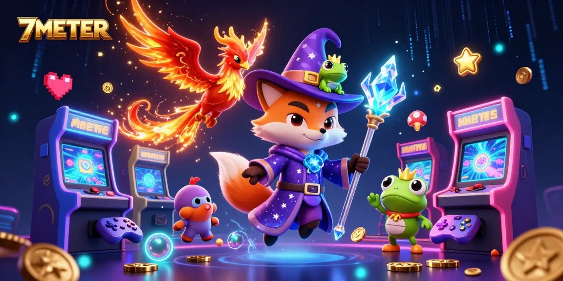 Bet on 7METER with this vibrant illustration of magical characters and casino elements.