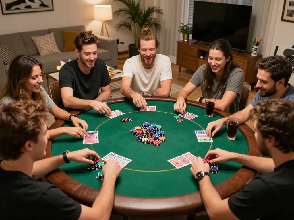 Friends enjoying an exciting poker night at home while using ilvidx gambling strategies for fun.
