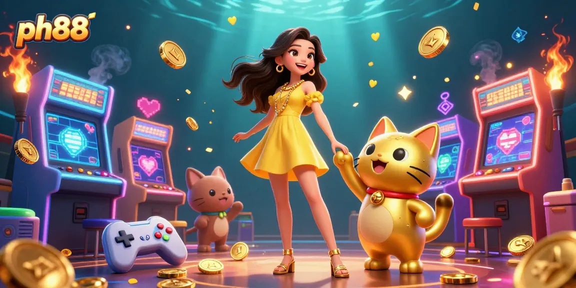 Experience the thrill of ph88 with vibrant casino elements and a cheerful lucky cat mascot.