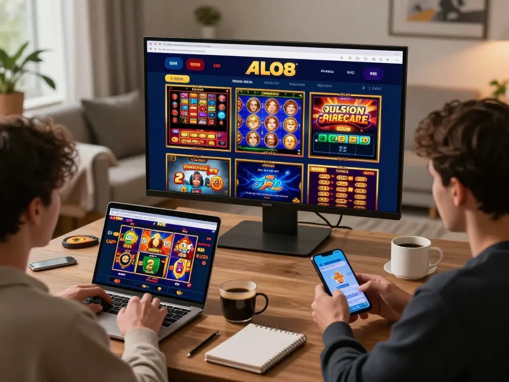 Players enjoying online gaming at ALO8 with vibrant interface and engaging slot machines.