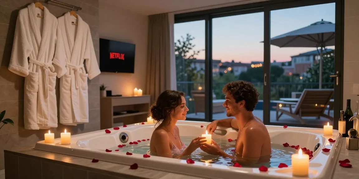 week end romantique toulouse in a cozy love room featuring a jacuzzi spa, perfect for an intimate getaway.