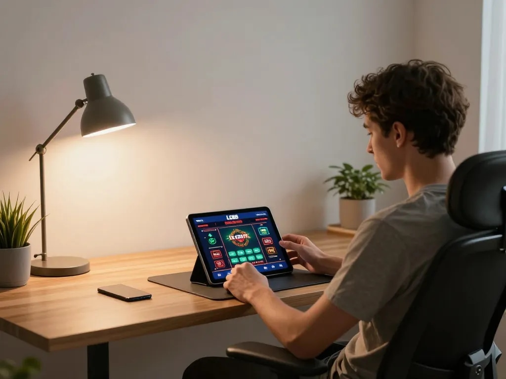 Engaged player enjoying an interactive LC88 online casino session on a modern tablet.