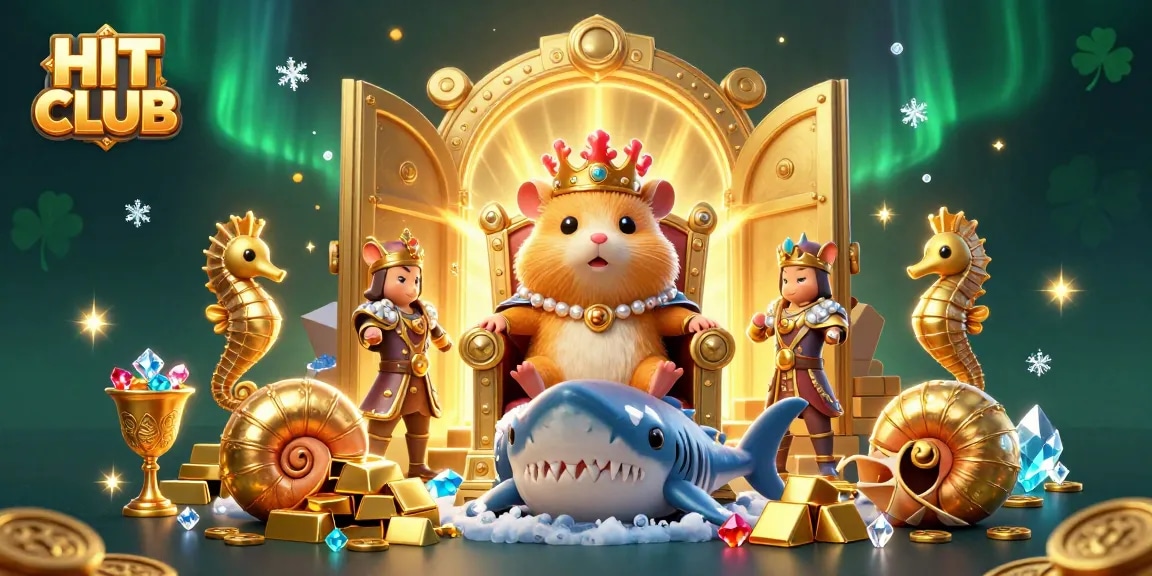 Experience high-stakes at HIT CLUB with 3D illustrations of a golden hamster king and treasure vaults