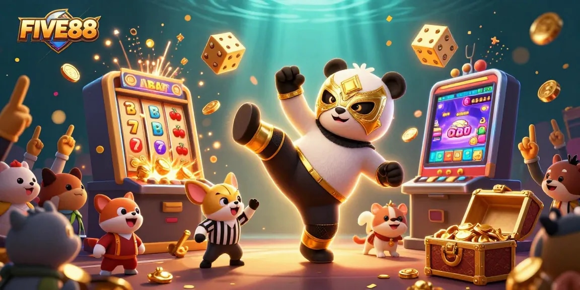 Engage with FIVE88's thrilling casino experience featuring a dynamic slot machine jackpot scene.