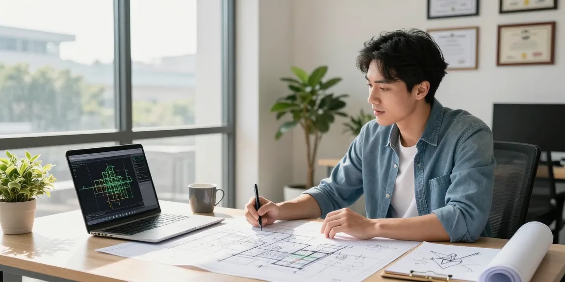Structural engineer Missouri reviewing architectural plans in professional office setting
