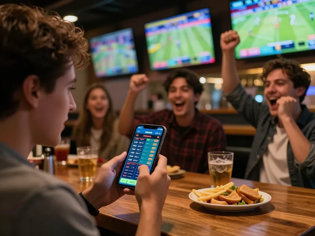 Kèo nhà cái betting enthusiast analyzing odds on smartphone at a vibrant sports bar.