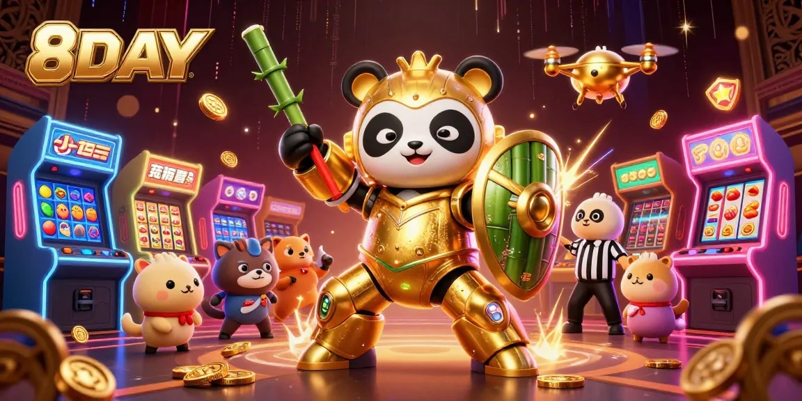 8DAY showcases exciting slot games and vibrant casino elements in a rich, interactive 3D illustration.