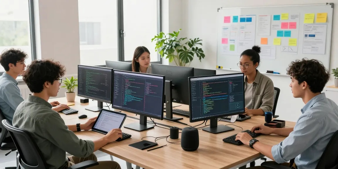 Developers collaborating at telegramin-cn.com workspace with monitors and creative tools in a bright office.