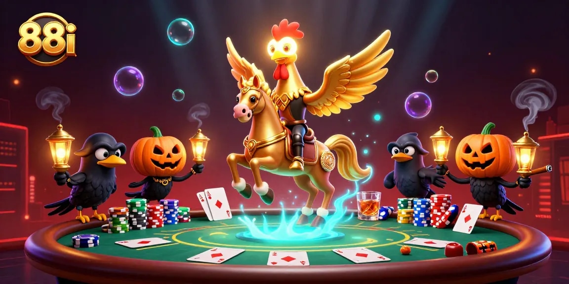 Experience thrilling poker action at 88i with a golden rooster and spectral horse in a casino