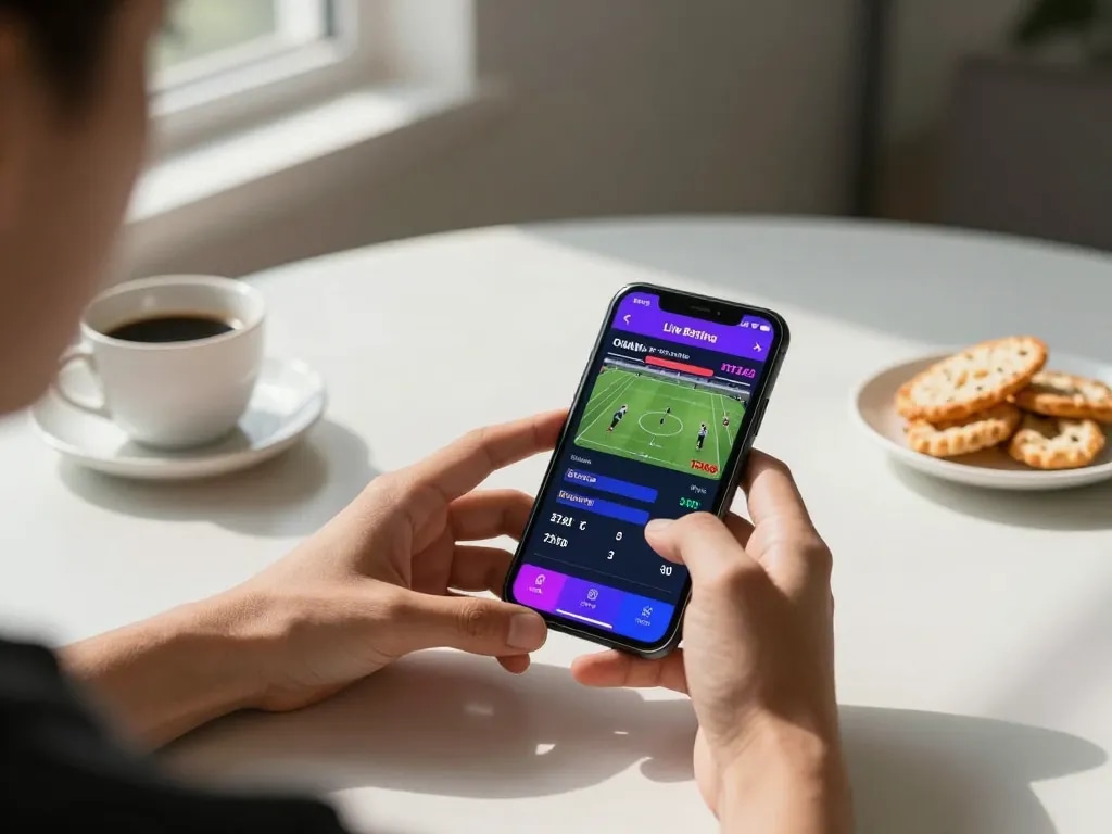 Engaging in live sports betting on mobile with nhà cái nk88 app amidst a cozy home atmosphere