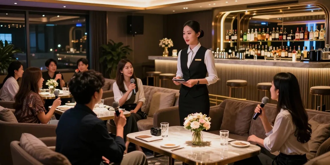 강남쩜오 프리미엄 가라오케에서의 사교 모임 모습, 프로 호스트와 고객의 상호 작용이 담긴 장면