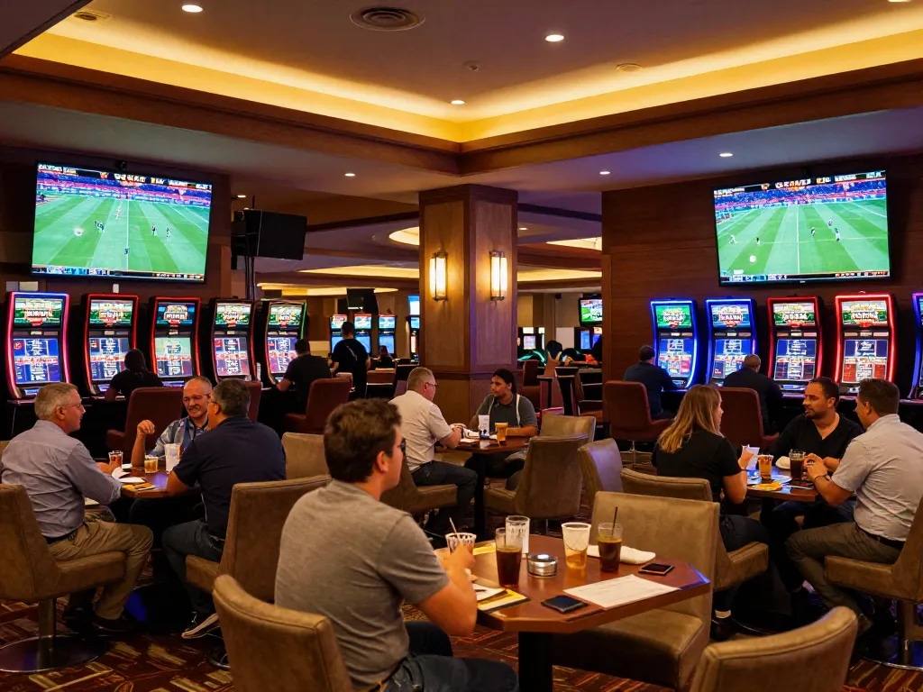 Engaged patrons exploring pintu888top sports betting options in a lively casino setting.