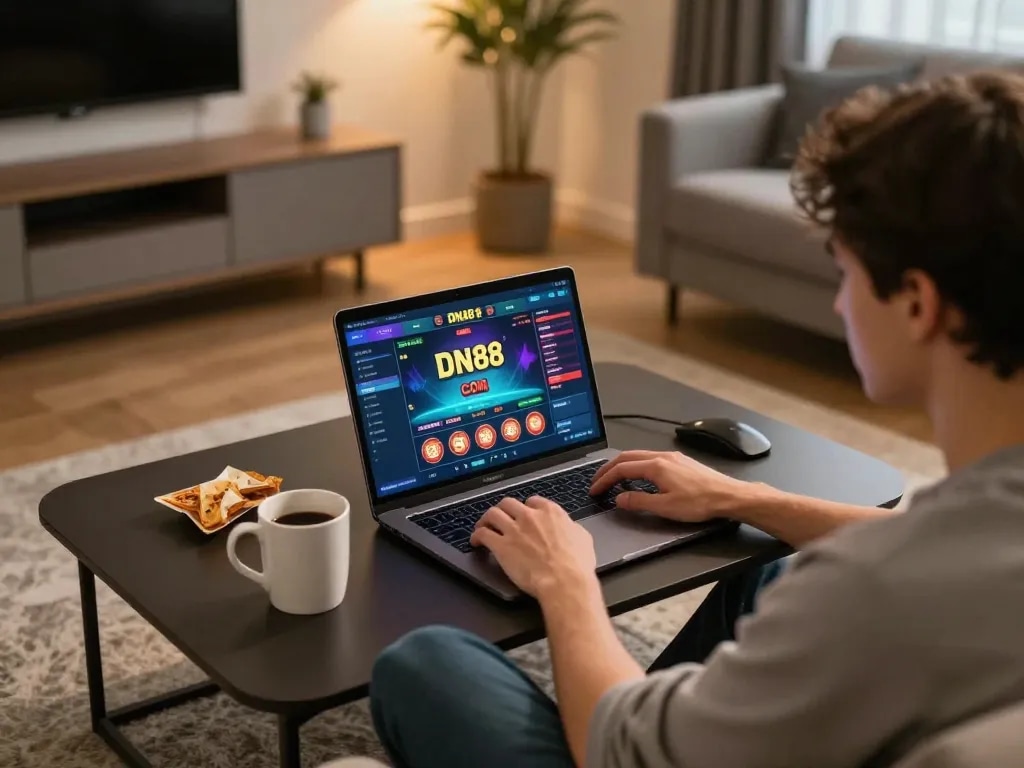 Player enjoying a strategic session on DN88 com online casino interface in a cozy home setting.