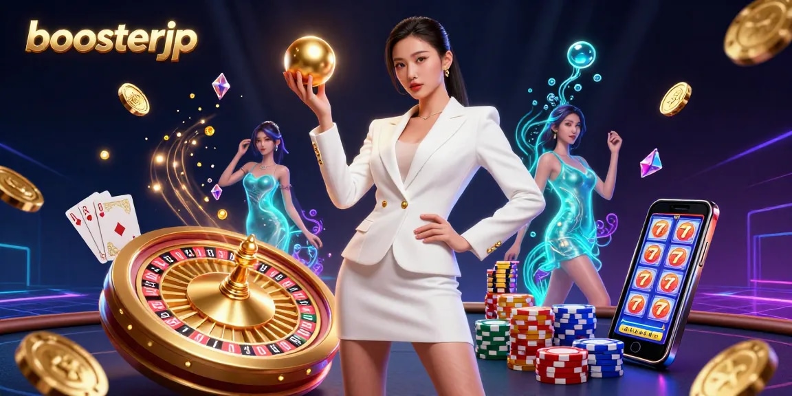 Spin with boosterjp at a luxury casino, featuring a confident Asian woman and dynamic game elements.