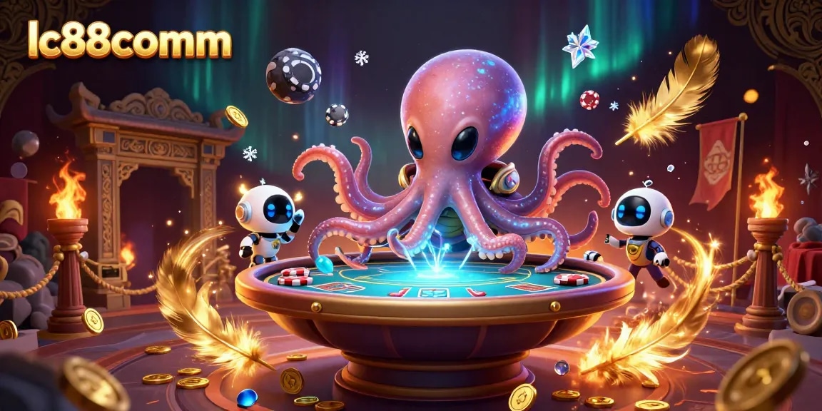 Experience thrilling games at lc88comm with a dynamic 3D illustration featuring exotic characters and vibrant casino elements.