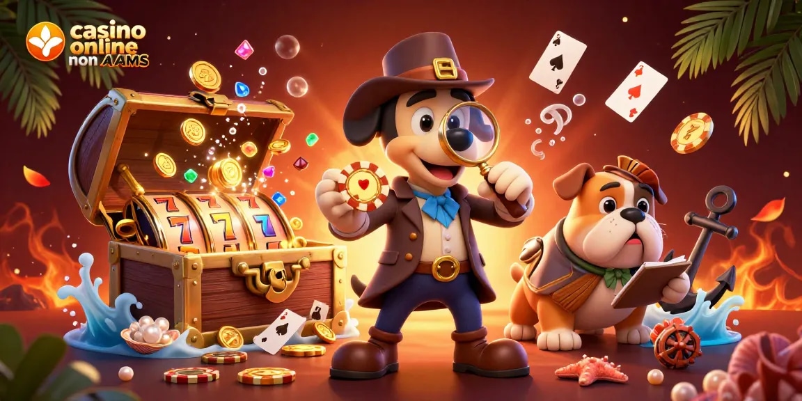 Illustrazione coinvolgente di un detective in un casinò online non AAMS, esplorando indizi tra simboli di slot vivaci e tesori.