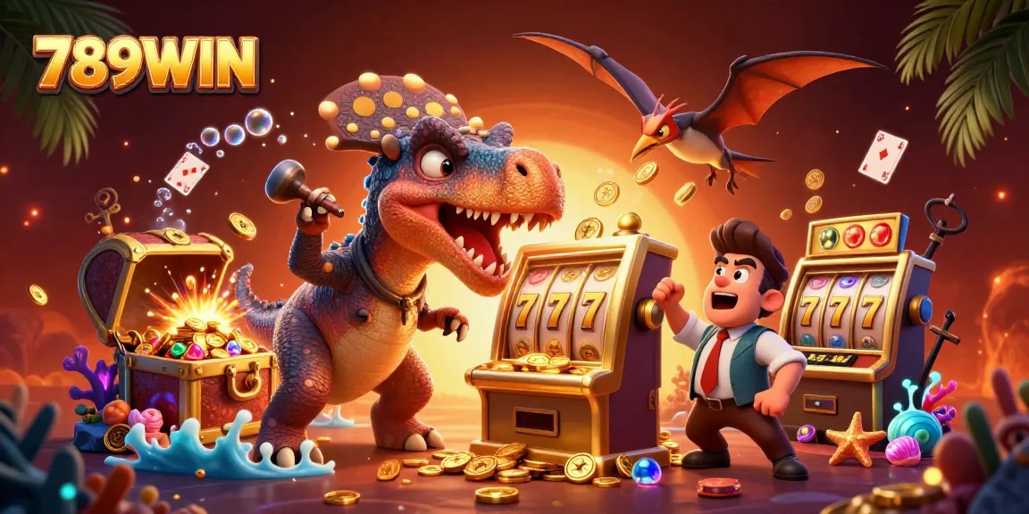 Jackpot celebration at 789WIN with a dinosaur winning coins at a slot machine amid casino excitement.