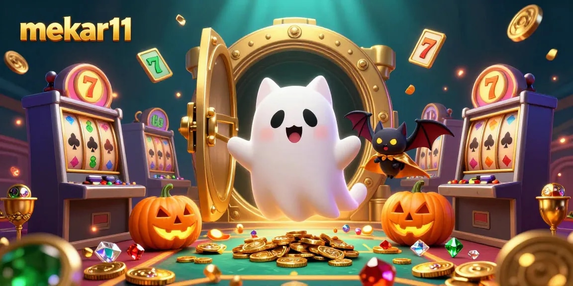 Experience big wins at mekar11 with this vibrant casino scene featuring a ghost cat and gold treasures.
