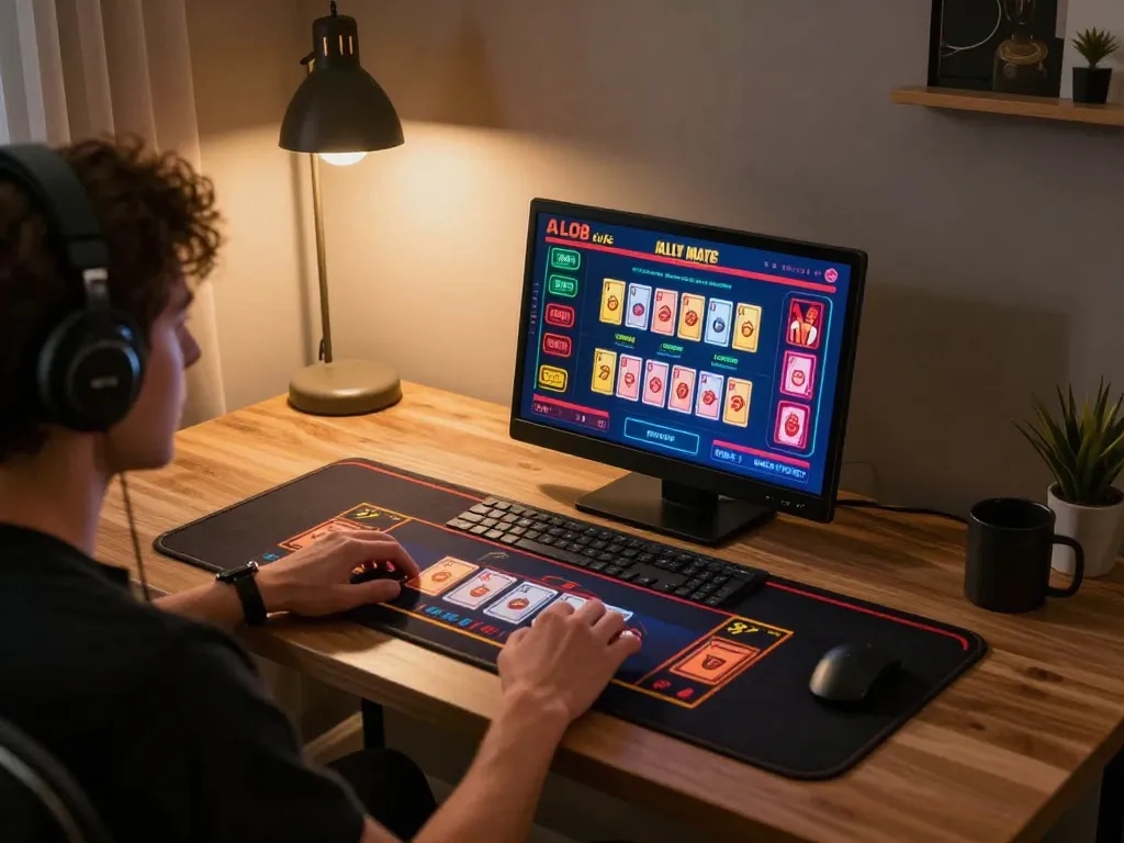 Player engaging in live dealer games at ALO8 on a sleek laptop, showcasing a vibrant gaming atmosphere