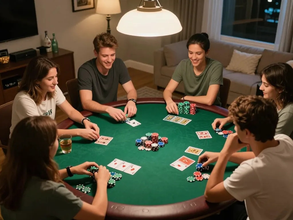 Friends enjoying a thrilling MM88 poker night with chips and cards on a round table.