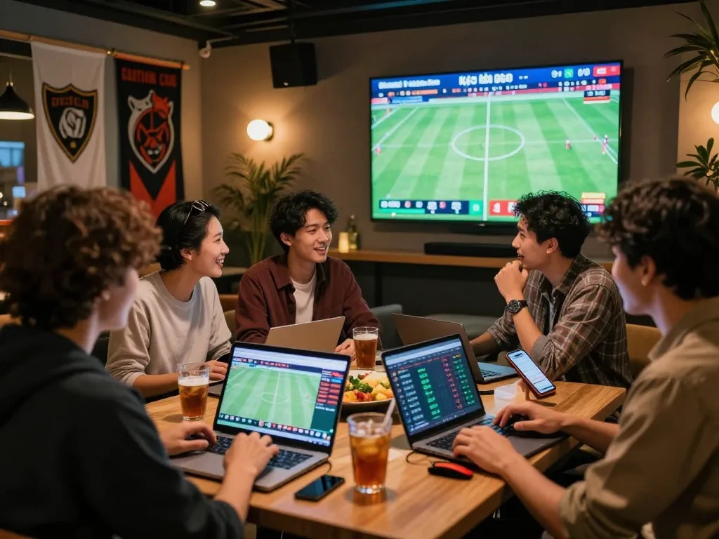 Group of friends excitedly reviewing kèo nhà cái in a modern lounge during live football matches.