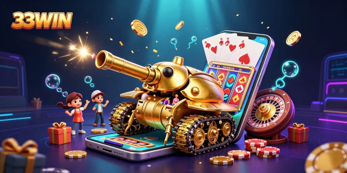 Experience the excitement of 33WIN with a golden beetle tank revealing a miniature casino.