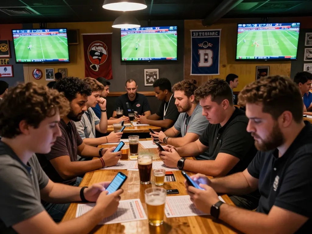 Nhandinhkeonhacai sports bettors engaging in real-time betting on live football matches at a lively sports bar.