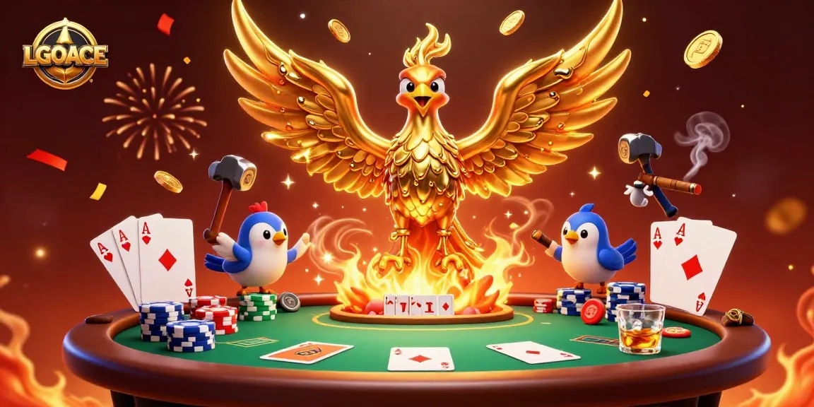 LGOACE players compete at a vibrant poker table surrounded by golden phoenix magic.