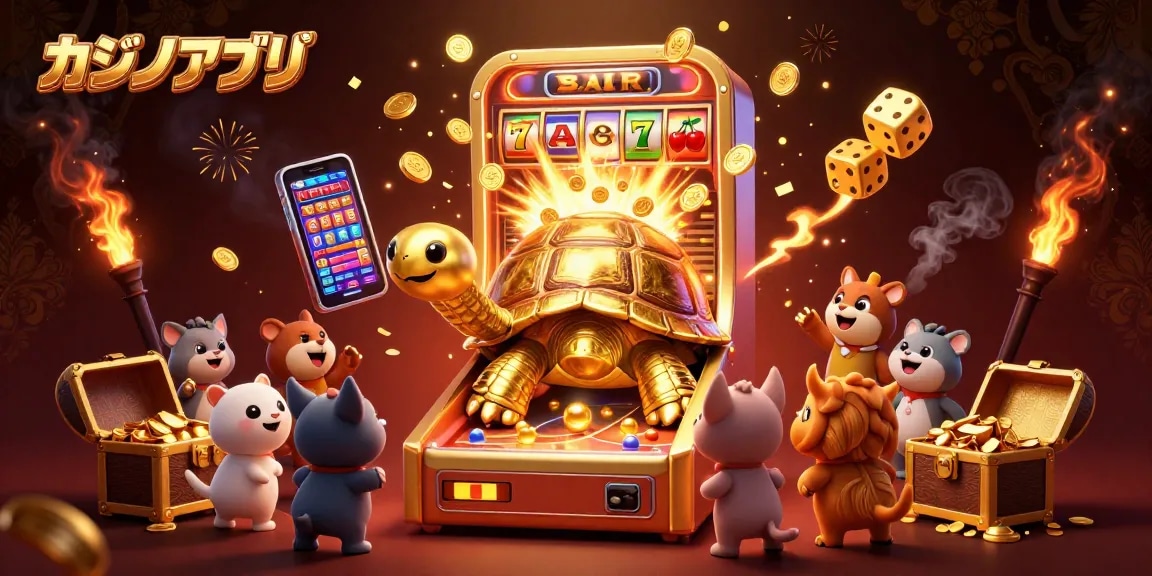 カジノアプリで楽しむ、金色の亀がピンボールマシンとして機能する賑やかなカジノのイラスト