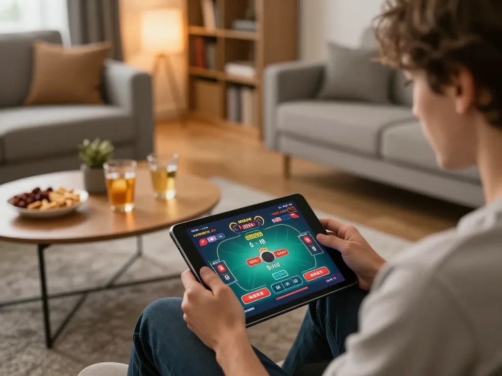 Engaging in online casino gaming at home through fly88 select tablet interface in a cozy environment