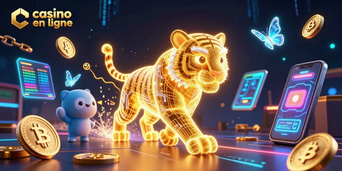 Plongez dans le monde du casino en ligne avec cet art 3D captivant, illustrant un tigre numérique.