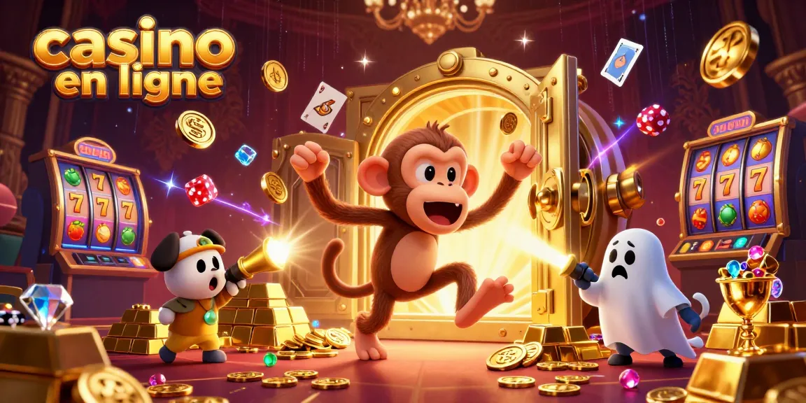 Un jeu captivant dans un casino en ligne où un singe fantomatique jongle avec des pièces et un chiot chasseur de fantômes le suit.