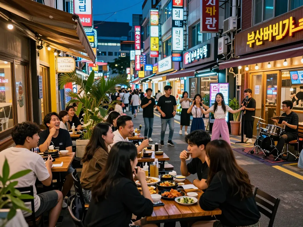 Experience 부산비비기 nightlife in a vibrant Busan street filled with lively entertainment and friends enjoying the evening.