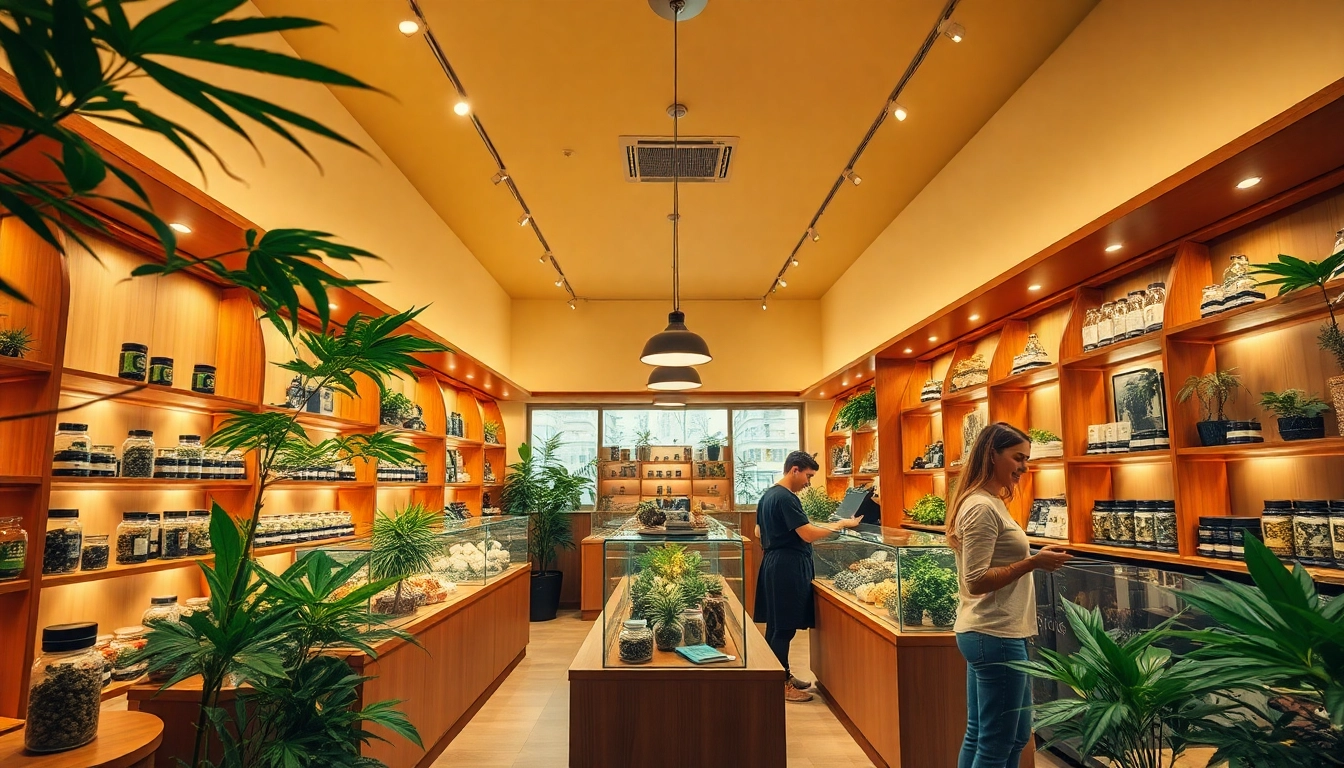 Cannabis Shop Madrid showcasing a welcoming interior with neatly displayed products and happy customers.