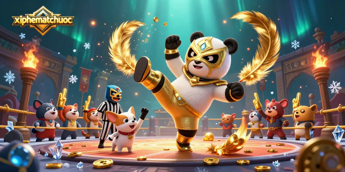 Experience the competitive thrill of xiphematchuoc with a panda wrestler flying kick in a vibrant casino scene.