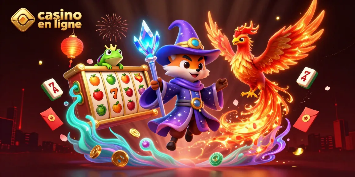Profitez des jeux de casino en ligne avec un rendu 3D captivant comprenant un renard sorcier, un phénix et des éléments de machines à sous.