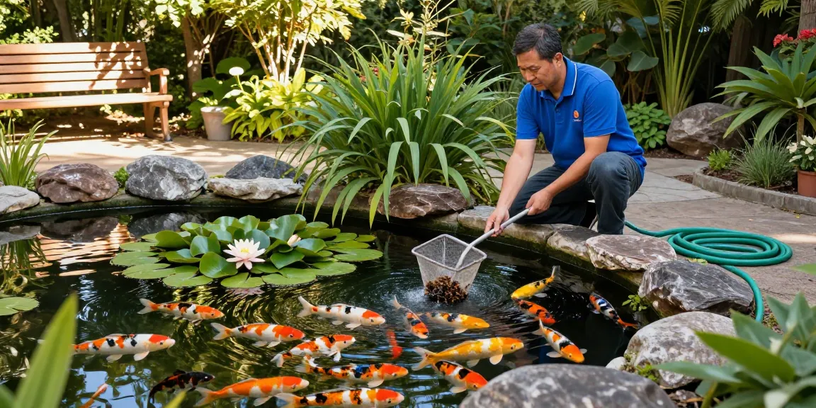 Pond expert near me performing maintenance on a tranquil backyard koi pond surrounded by lush greenery.