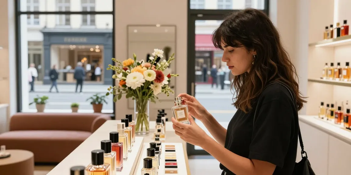 Stylish woman exploring new perfume releases in chic boutique.
