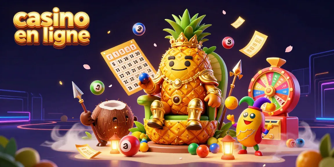 Visuel dynamique de casino en ligne avec roi ananas et éléments ludiques, mettant en avant des jeux et des prix.