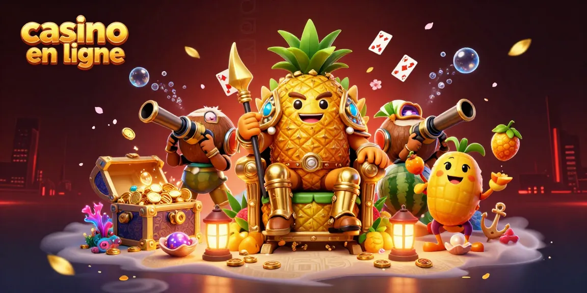 Jouez au casino en ligne avec le roi ananas et ses gardes dans une scène de plage festive.