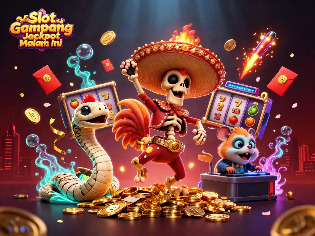 Slot Gampang Jackpot Malam Ini, merayakan kemenangan dengan karakter kartun yang penuh warna di tengah koin emas.